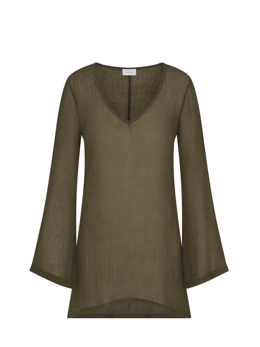 Anemos Bell Sleeve Tunic Dress in Woven Bamboo Cotton Gauze Cypress Olive